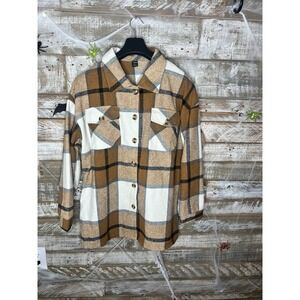Shein long sleeved Plaid brown button up shirt‎ L